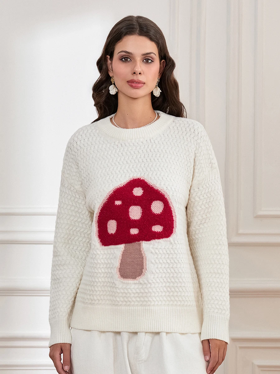 

Women Knit Sweater Long Sleeve Crew Neck Mushroom Pullover Warm Sweater for Fall Winter