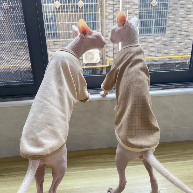 Khaki Plaid Cotton Coat for Sphynx Cat Soft Undershirt for Hairless Cat in Winter Long-sleeves Warm Coat for Kittens Devon Rex