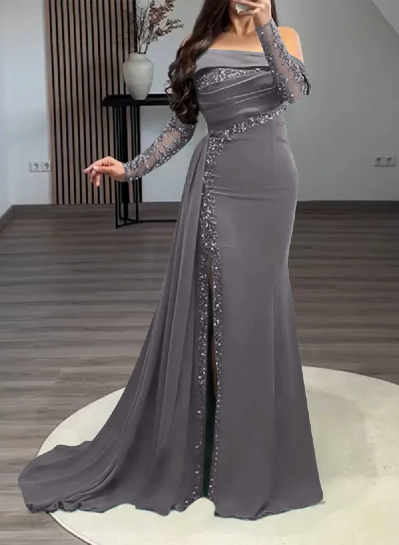 Robe de bal sirène en Satin vert, personnalisée, élégante, manches à paillettes, fente latérale, longueur au sol, bal formel