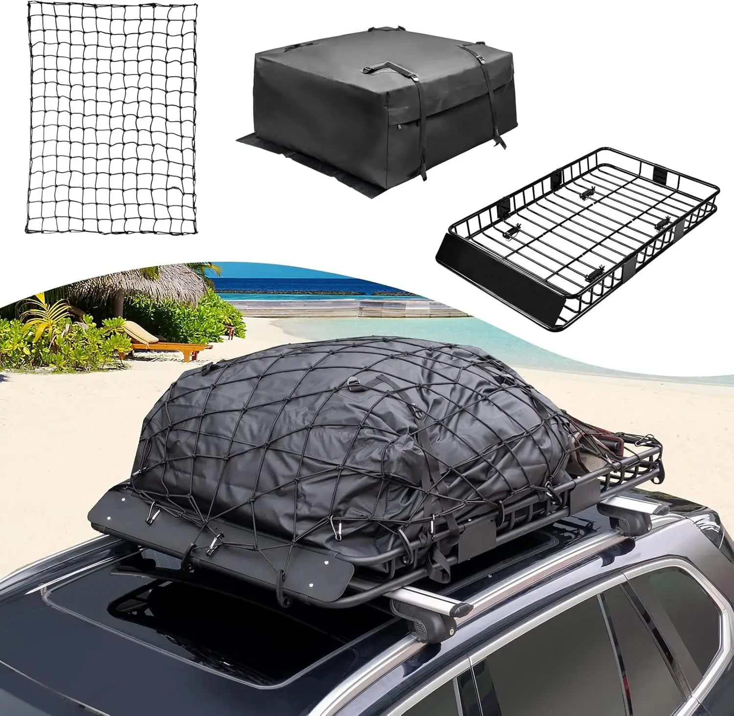 Roof Rack Cargo Basket Set, Cargo Carrier Bag 15 Cubic Feet Capacity with Car Top Luggage Holder Adjustable L