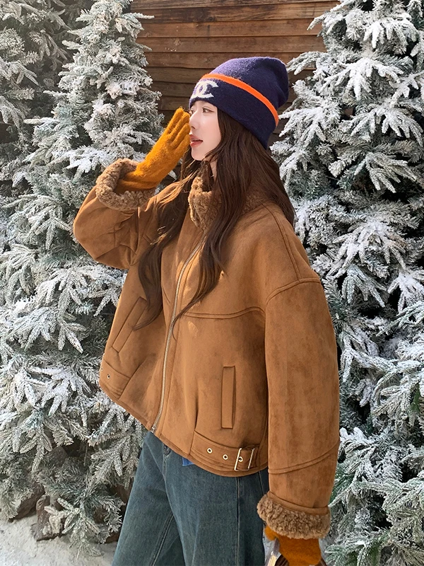 카라멜 색상 양털 자켓 여성용 가을 겨울 2025 신상 염색된 사슴 가죽 벨벳 코튼 코트 따뜻한 출퇴근용...