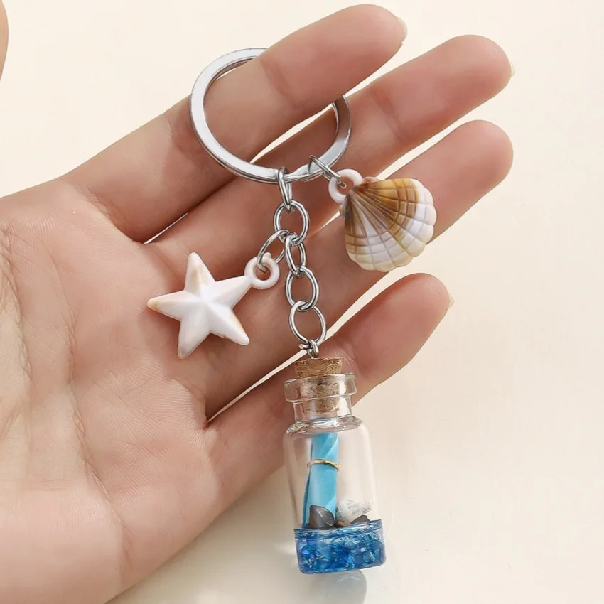 Wishing Bottle Keychain Sea Star Shell Glass Pendant Ocean Theme Lovely Key Chain for Men Women Friends Birthday Gifts