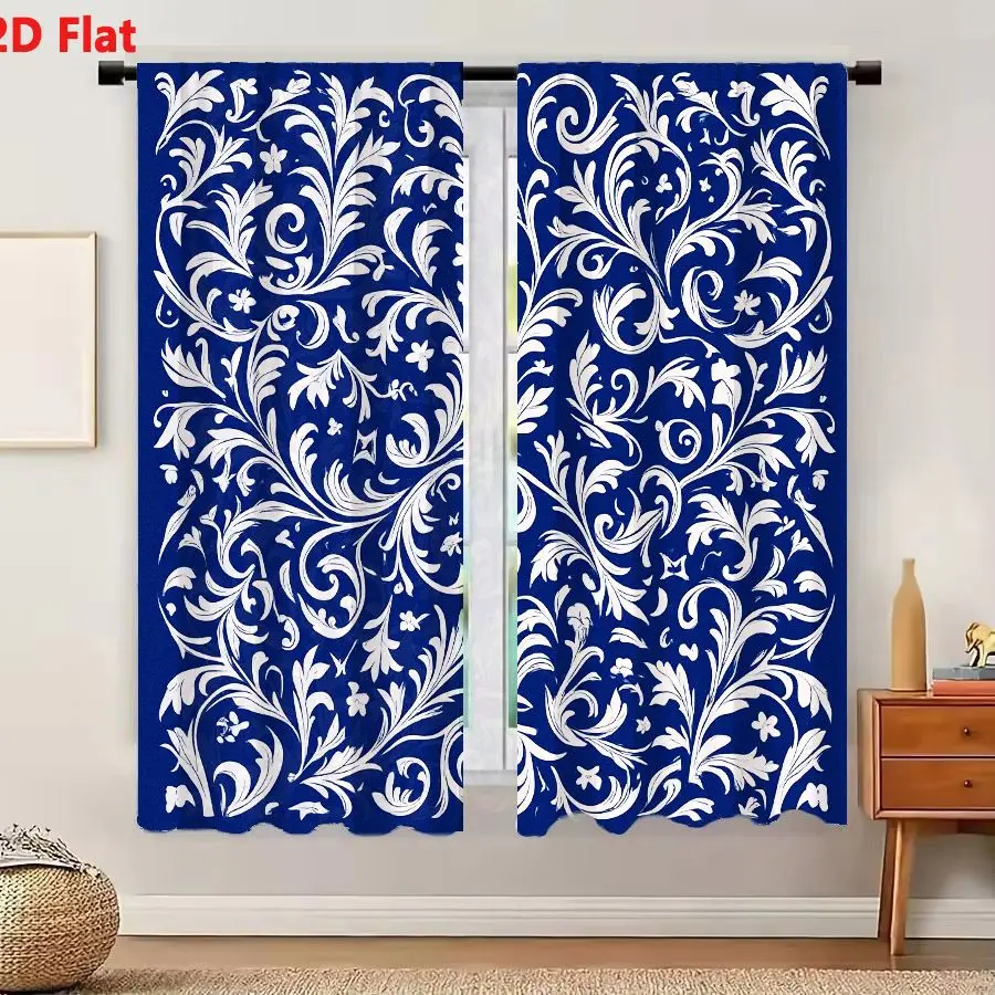 2Pcs Curtains 2D Flat Deep Blue Background Intricate White Floral And Scrollwork Decorative Pattern With Swirling Vine-like Tend