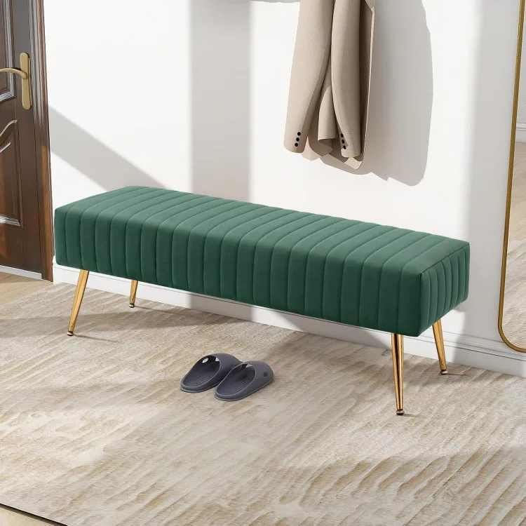 44 Inch Entryway Bench, Upholstered Tufted Striped Fabric Ottoman Bench with Polished Gold Metal Legs for Living Room