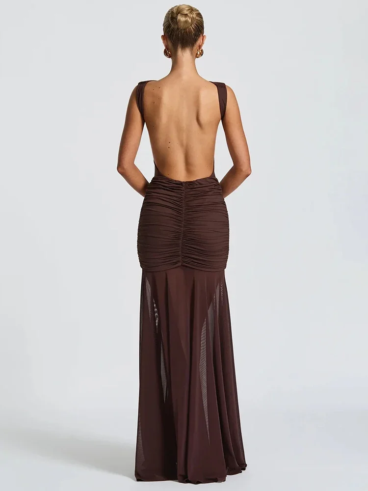 XIAOTANG Metallblume, rückenfrei, gerafft, sexy Maxikleid, Damenkleid, modisch, ärmellos, rückenfrei, figurbetont, Club-Partykleid, elegant