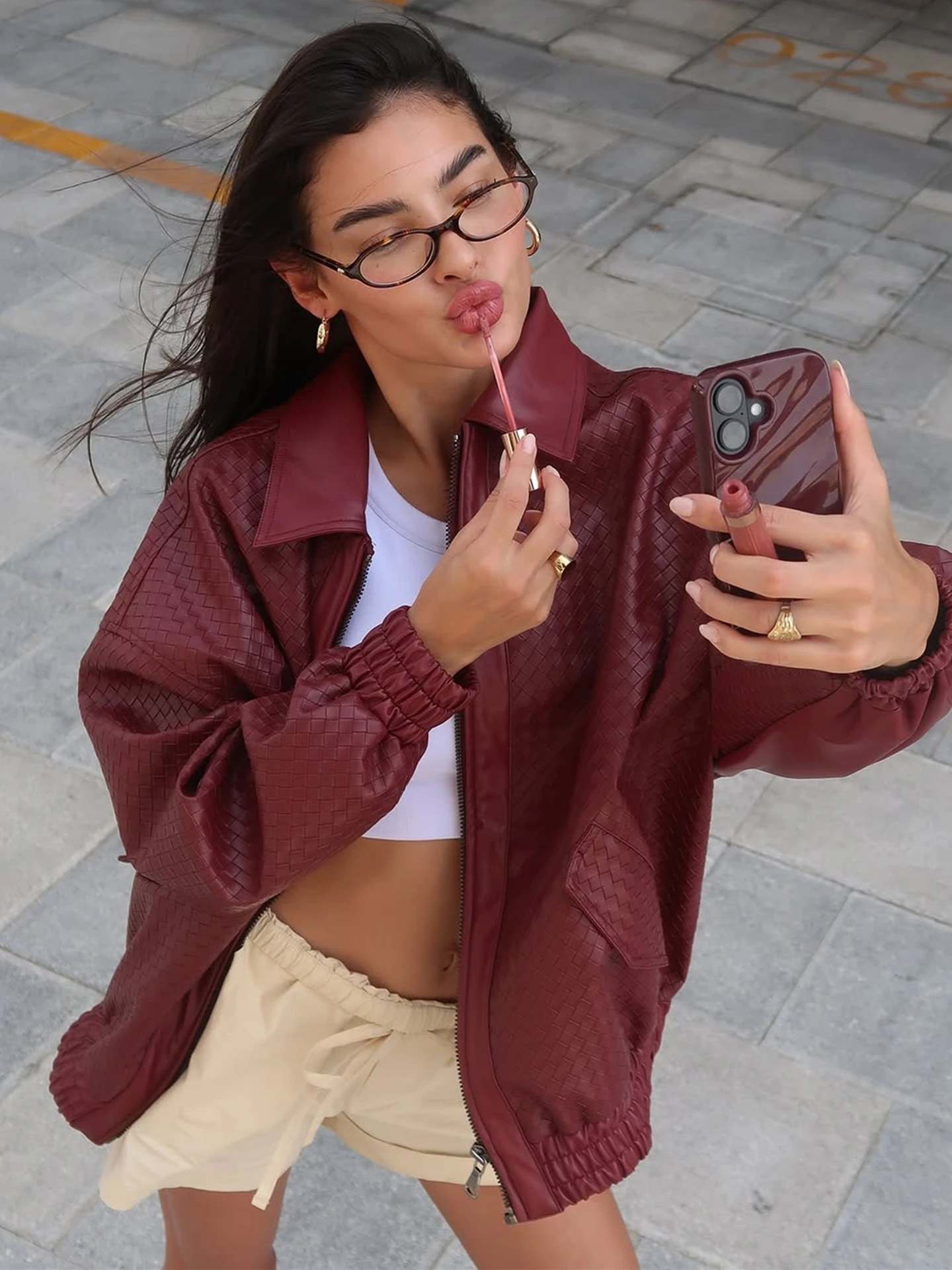 Dulzura 2025 الخريف موضة عادية بدوره إلى أسفل طوق سحاب أكمام طويلة سليم المنسوجة سترة جلدية نادي الحفلات نمط الشارع الملابس #3