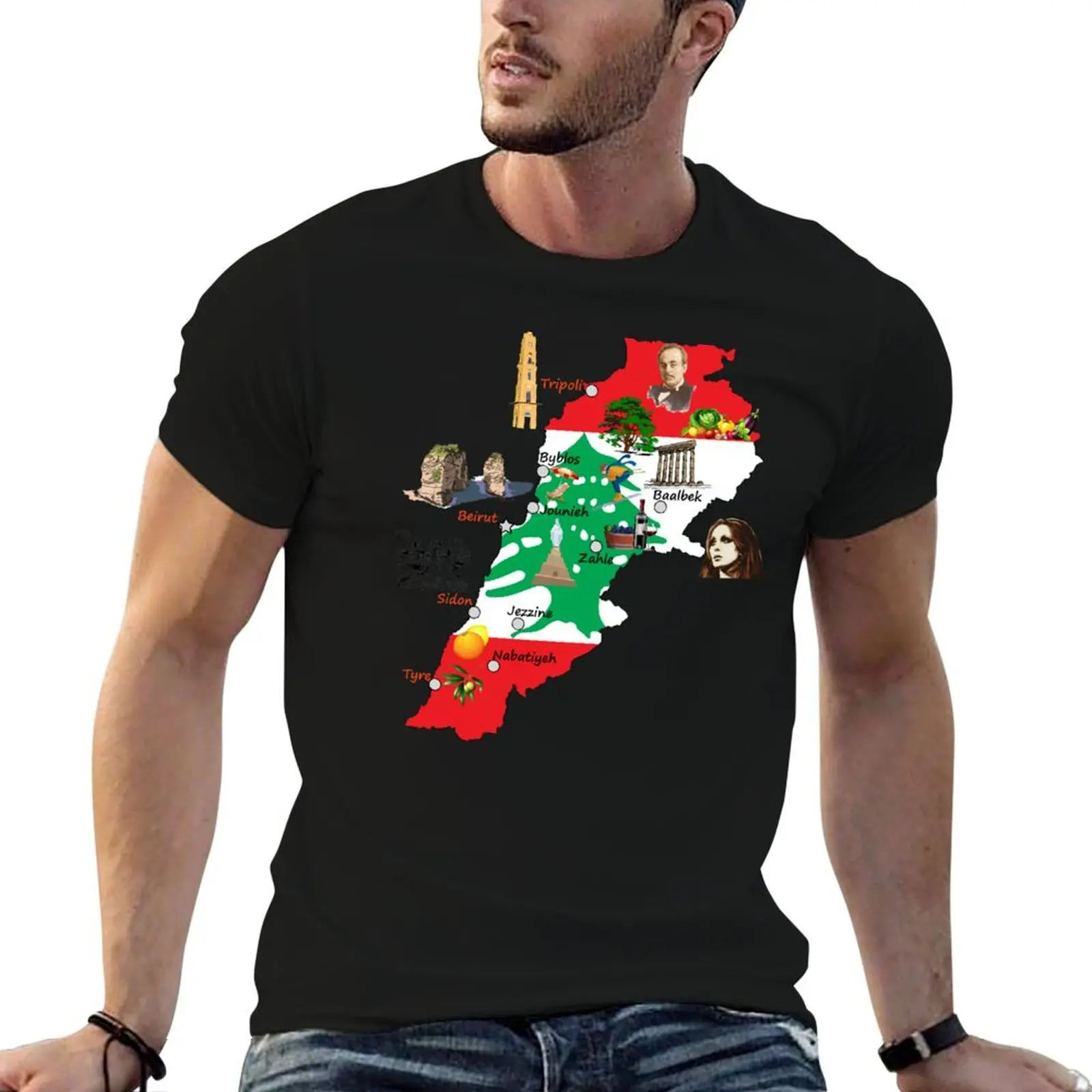 

Flag map of Lebanon, major cities names Lebanese national symbols and landmarks T-Shirt plain Men's t-shirts