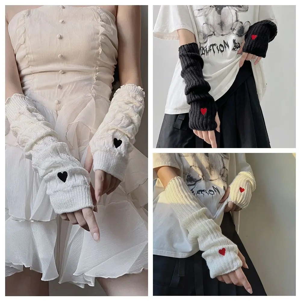 Elastic Y2K Warm Sleeves Long Mittens Love Embroidery Heart Knitted Arm Warmers Sweet Korean Style Fingerless Gloves JK