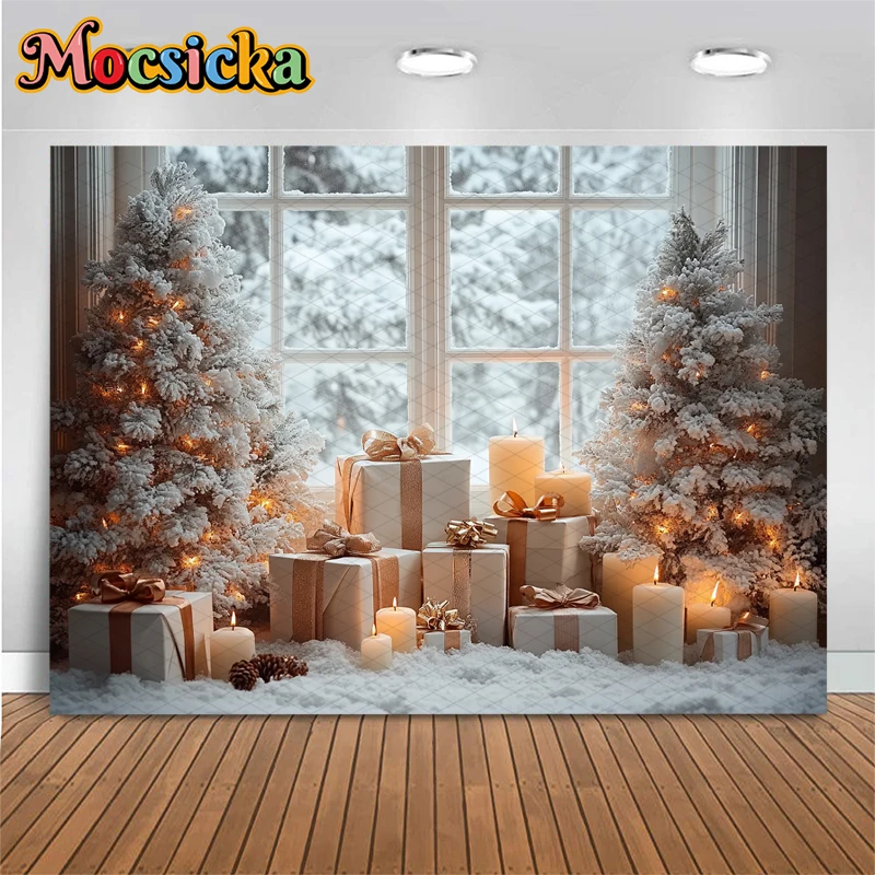 Mocsicka Christmas Tree Background For Photography Window Pine Winter White Snow Kids Photo Backdrop Decoration Studio Photocall