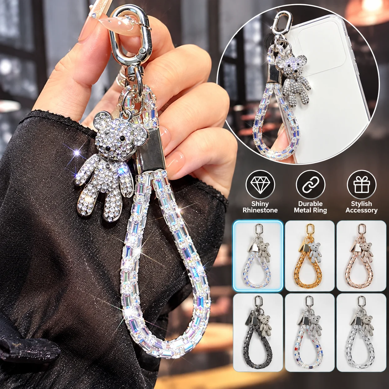Luxury Rhinestone Bear Keychain Crystal Wrist Strap Bling Phone Charm Key Ring for Women Bag Pendant Accessories