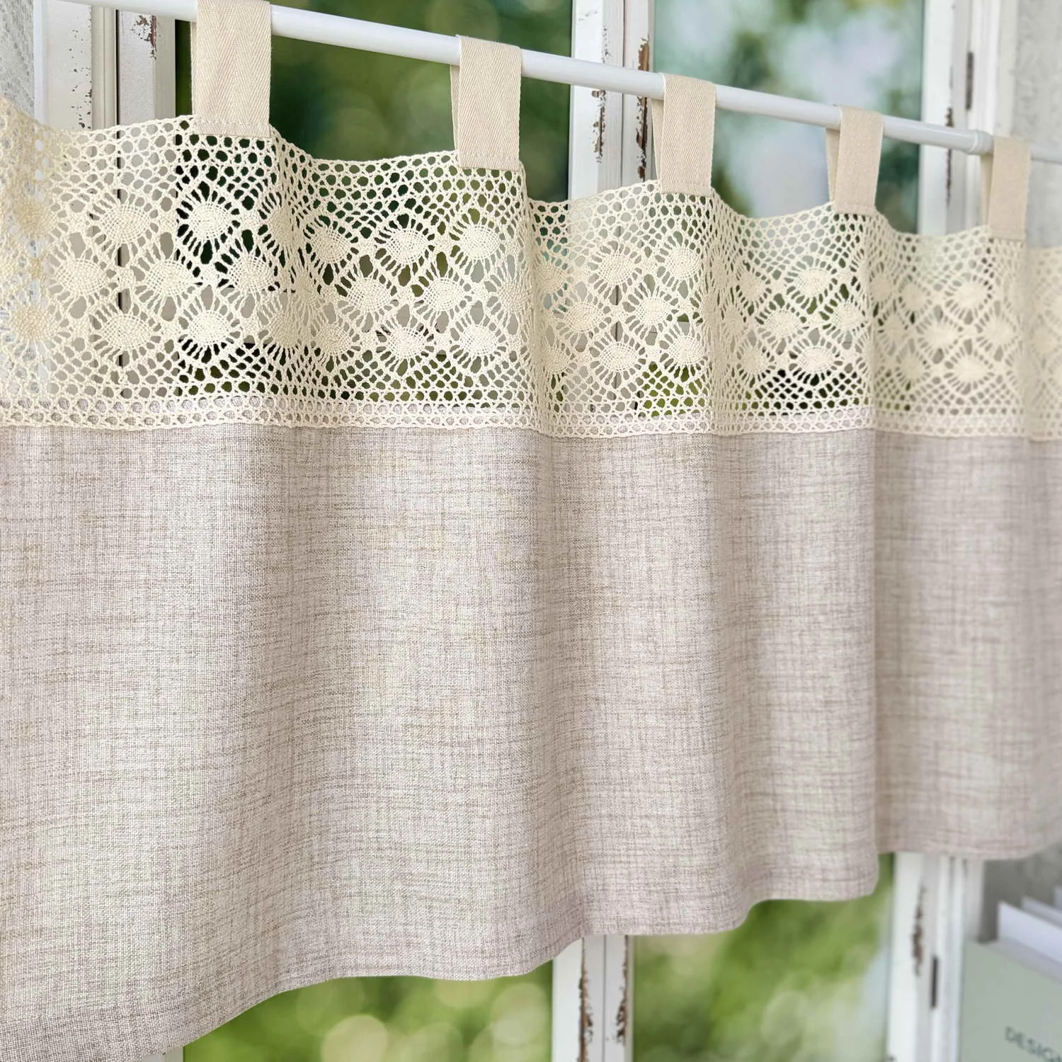 Rustic Hollow Cotton Crochet Small Curtains, American Country Kitchen Curtains Faux Linen Textured Tab Top Curtains for Doorway