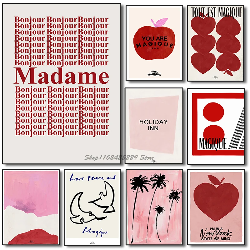 Modern Nordic Retro Art Red Love Apple Simple French Abstract Love Poster Canvas Printing Painting Home Room Decoration Painting