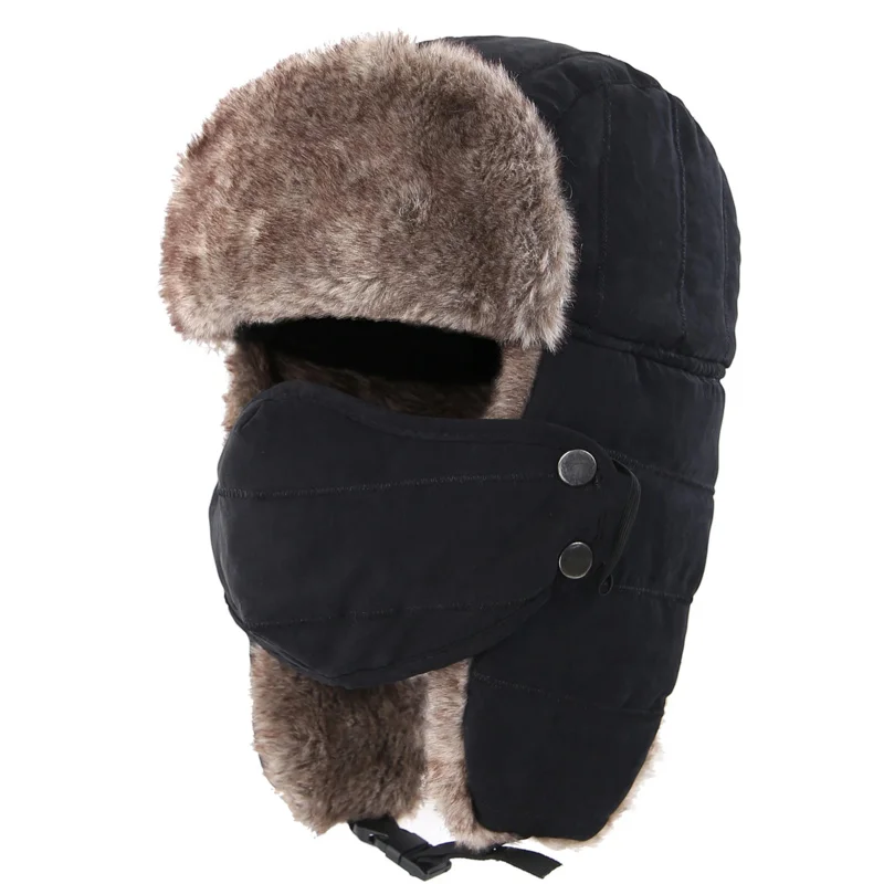 Men's Warm Chunky Hat Removable Windproof Winter Russian Hats with Mask Hat