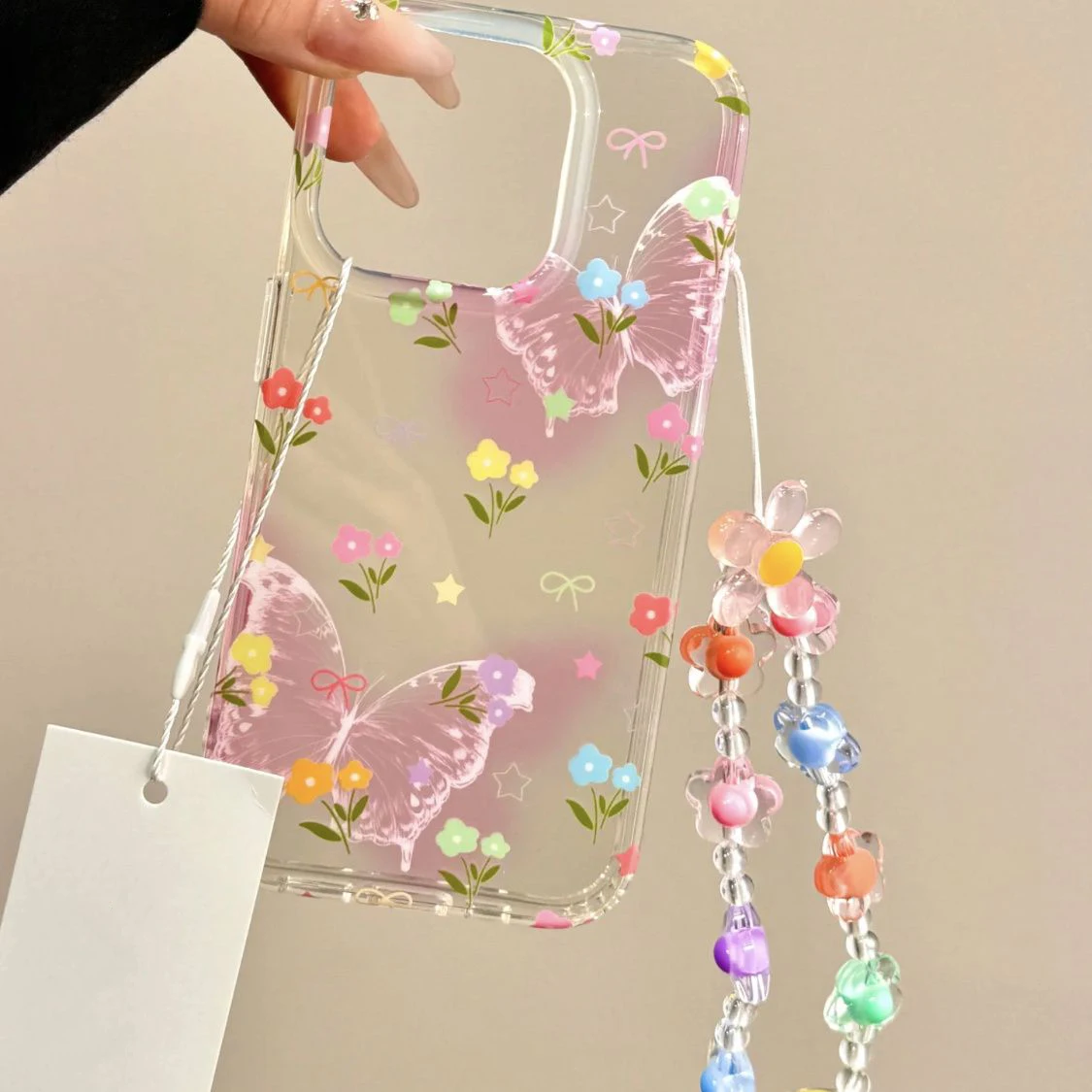 

New INS Butterfly Flowers Print Transparent Phone Case For iPhone 16 15 14 13 12 11 8 7 X XS XR Pro Max Plus Cover with Lanyard