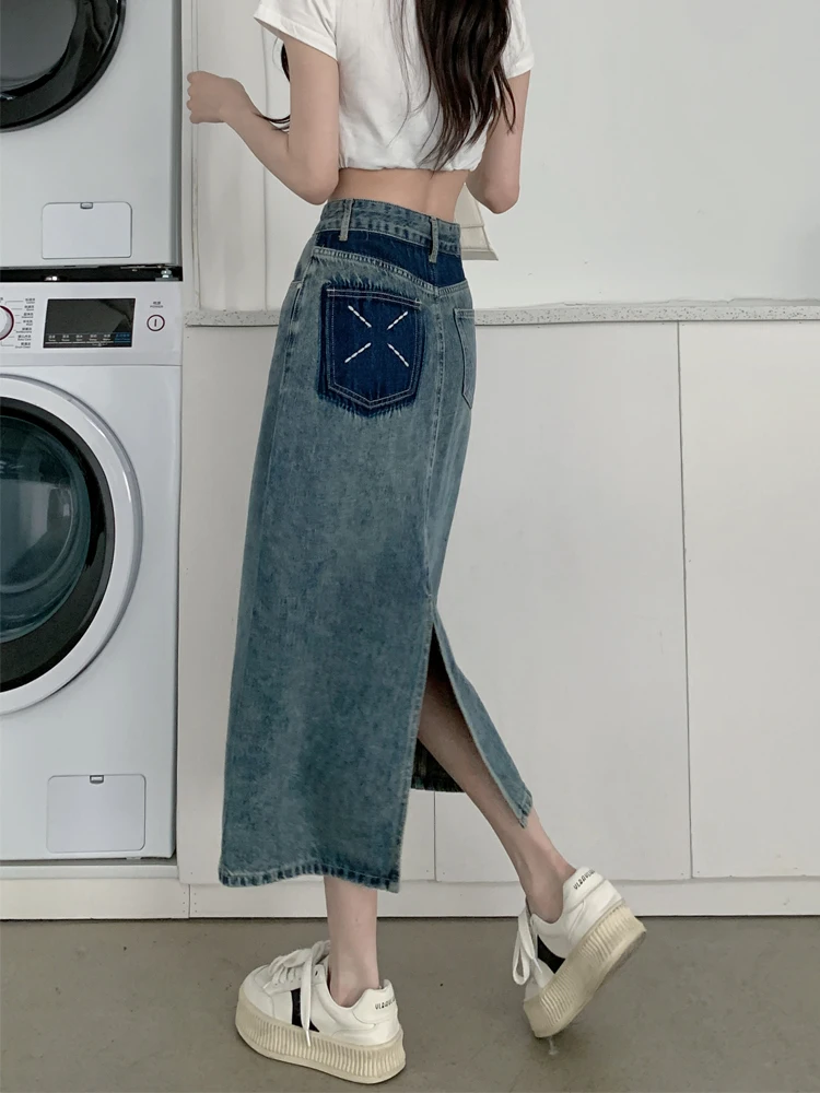 

Юбка трапециевидной формы с высокой талией, женские джинсовые юбки, весенне-осенние новые облегающие юбки, корейские однотонные юбки для поездок на работу