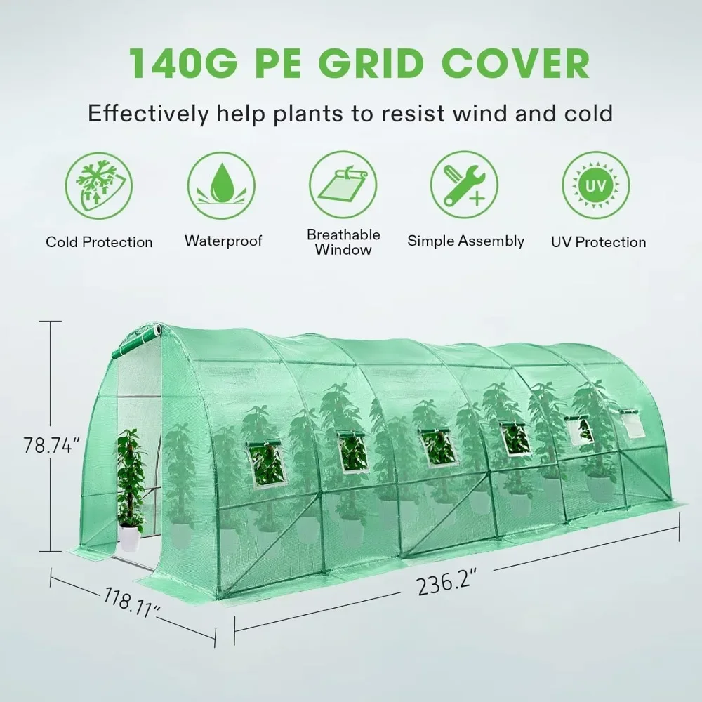 20x10x7 Ft. Garden Greenhouses, Greenhouse Tunnel with Green PE Cover, Roll-up Zipper Door and Window, Walk in Greenhouse