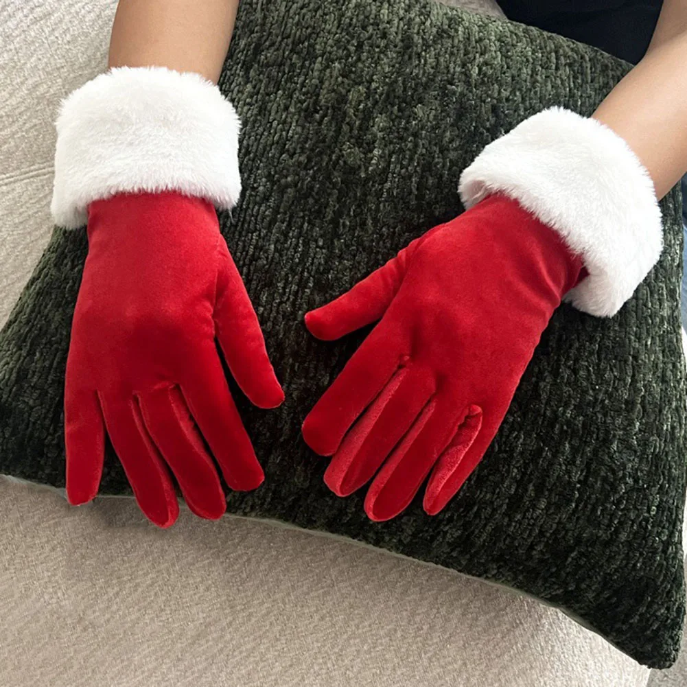 1Pair Santa Claus Festive Gloves Red Gold Velvet White Plush Full Finger Gloves Christmas Costume Accessories Mittens For Adult