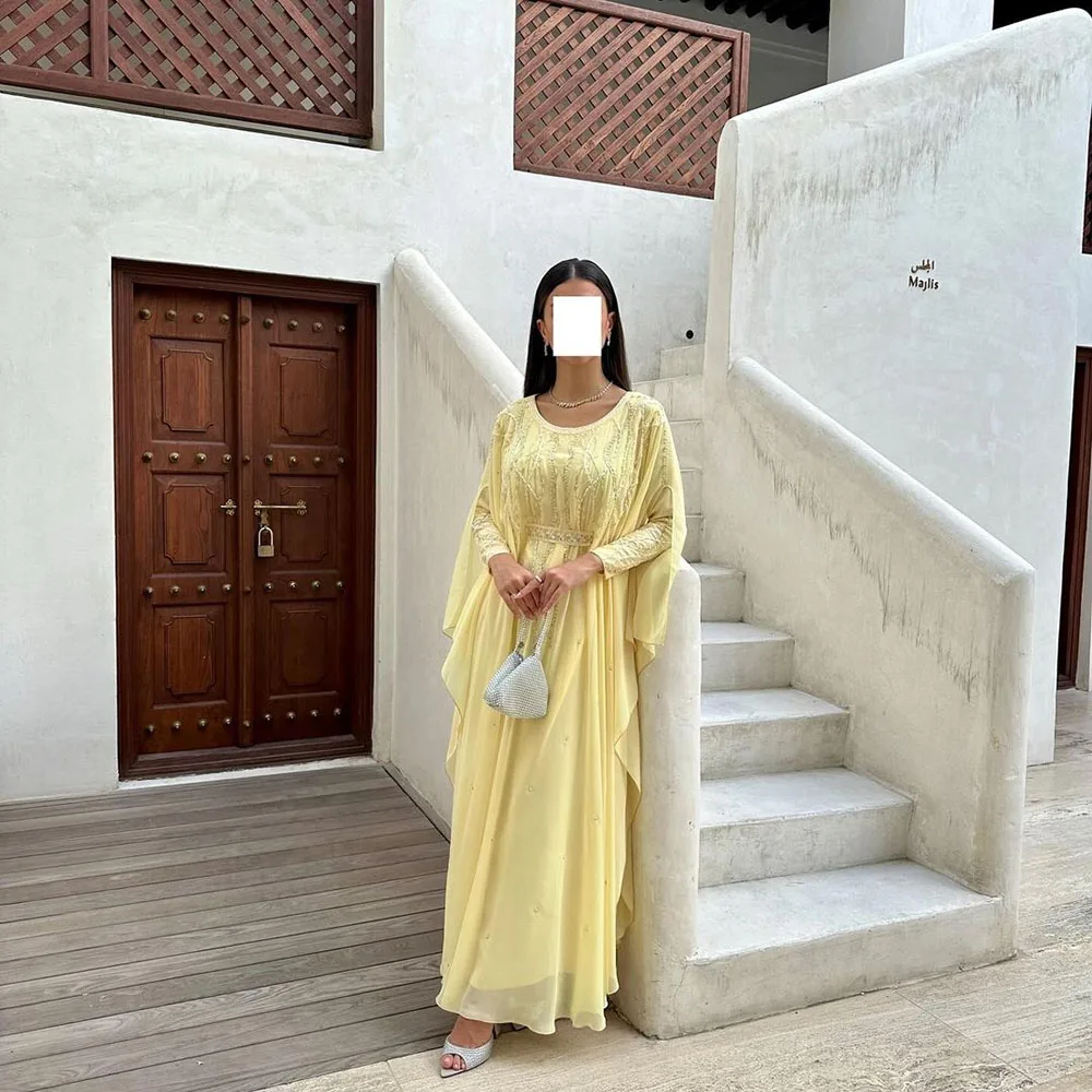 Msikoods Elegant Yellow Chiffon Prom Dress Embroidery Scoop Neck Special Occasion Dress Arabic Evening Dress robes de soirée