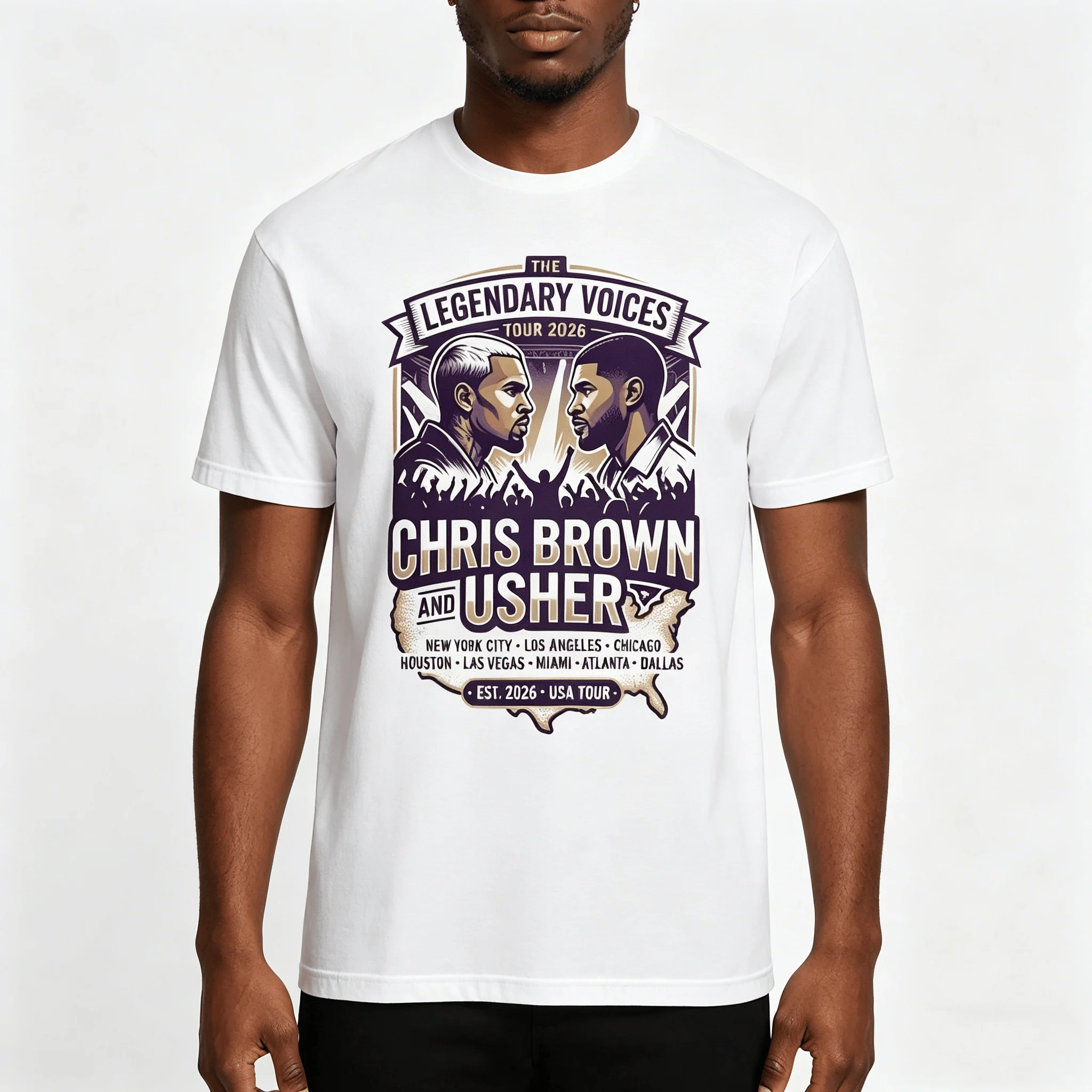 Camiseta Unisex Raymond & Brown Chris Brown y Usher R&B 2026 Tour para Hombre, 100% Algodón, Manga Corta, Estilo Y2K, Talla Grande, Popular