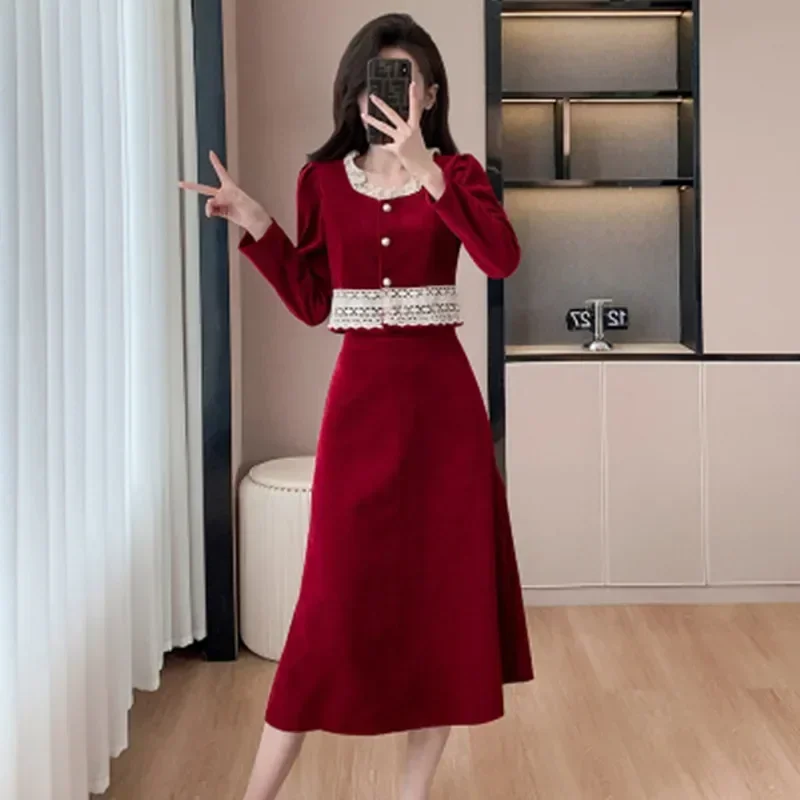 High Quality French Vintage Small Fragrant Tweed 2 Piece Sets Women Red Lace Stitching Jacket Coat + Skirt Two Piece Suits