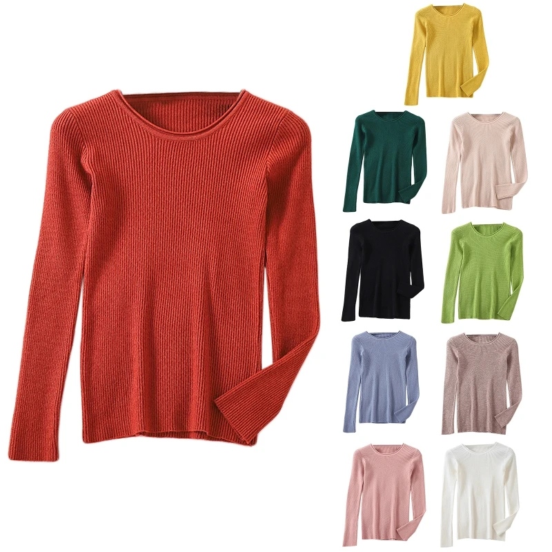 Women Long Sleeve Ribbed Knit Sweater O-Neck Solid Color Basic Jumper Tops