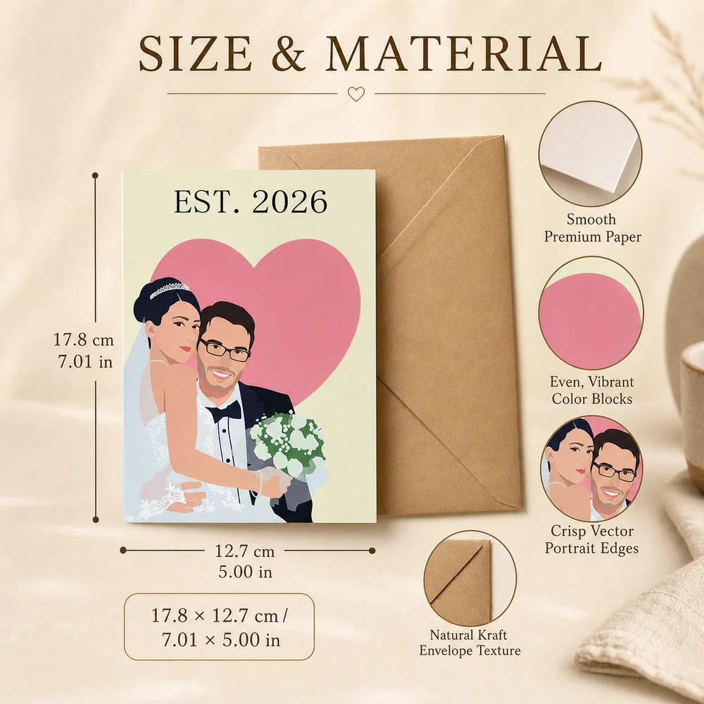 Custom Couple Wedding Folded Card,Photo To Vector Illustration,Included Kraft Envelope,Marriage Anniversary,Memory Collection