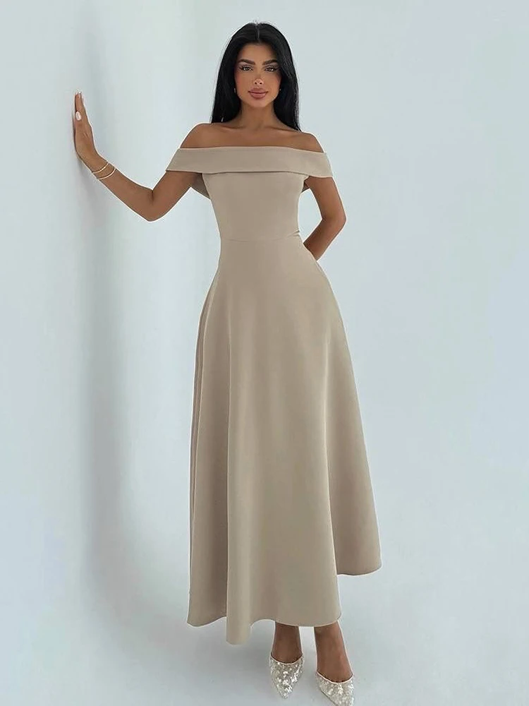 Kliou clásico A-line vestido largo drapeado Simple sólido fuera del hombro espalda descubierta ceñido al cuerpo mujer verano básico Hipster Vestidos de calle