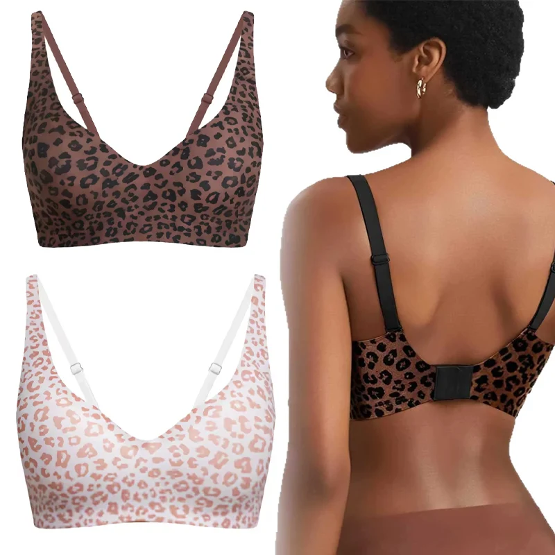 Sujetador Deportivo Inalámbrico sin Costuras con Estampado de Leopardo para Mujer, Cobertura Total, Copa Delgada con Soporte Suave, Tejido Transpirable, Cómodo, Talla Grande