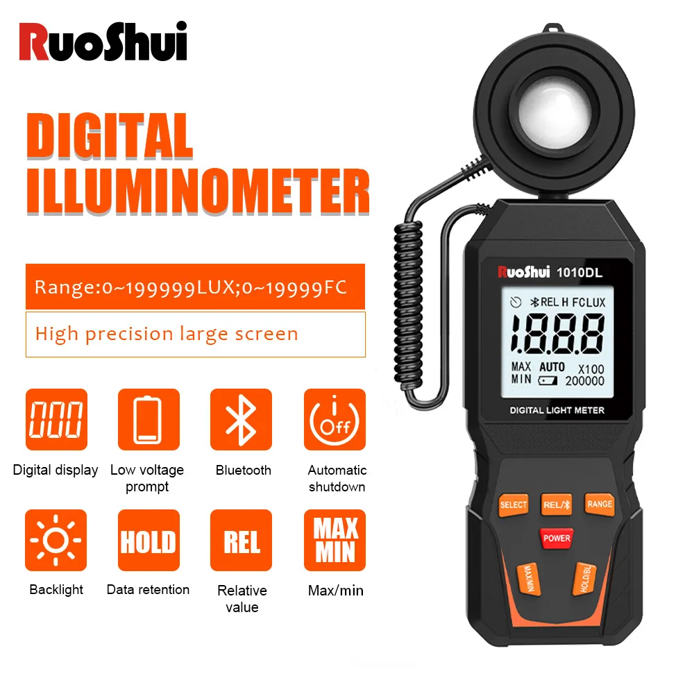 Ruoshui 1010DL Digital Light Illuminance Meter Bluetooth Enabled Luminance Meter Measuring Tool Parts For Environmental Testing