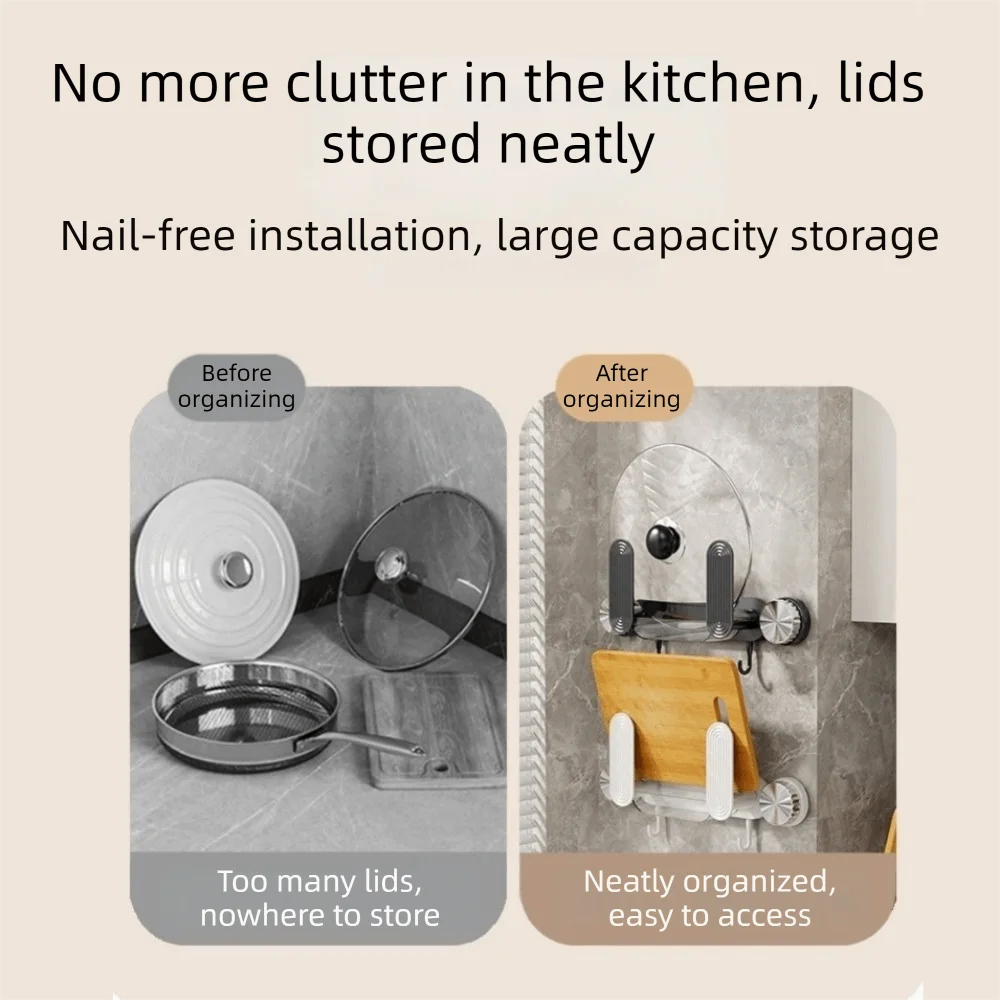 

Plastic Suction Cup Pot Lid Holder Wall Mounted Waterproof Pot Cover Rack Space Saving with Hooks Pan Cover Storage Holder