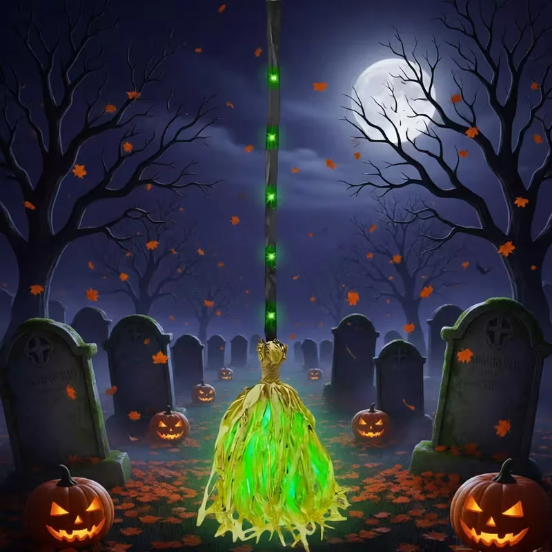 1PC Glowing Witch Broom with Sound Effects Auto Bouncing for Haunted House Escape Room Party Indoor Halloween Decoration