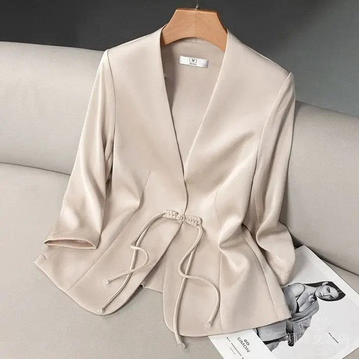 V-neck Short Style Stylish Suit Jacket With 3/4 Sleeves, 2024 Summer Slim Fit Suit For Women