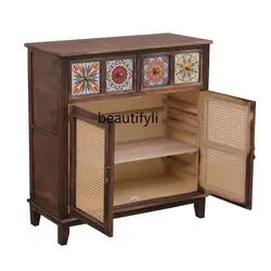 Modern  Log Chest of Drawers Vintage Rattan Storage Shoe Cabinet Double Door Bedroom Wall-Mounted Large Capacity Side Cabinet