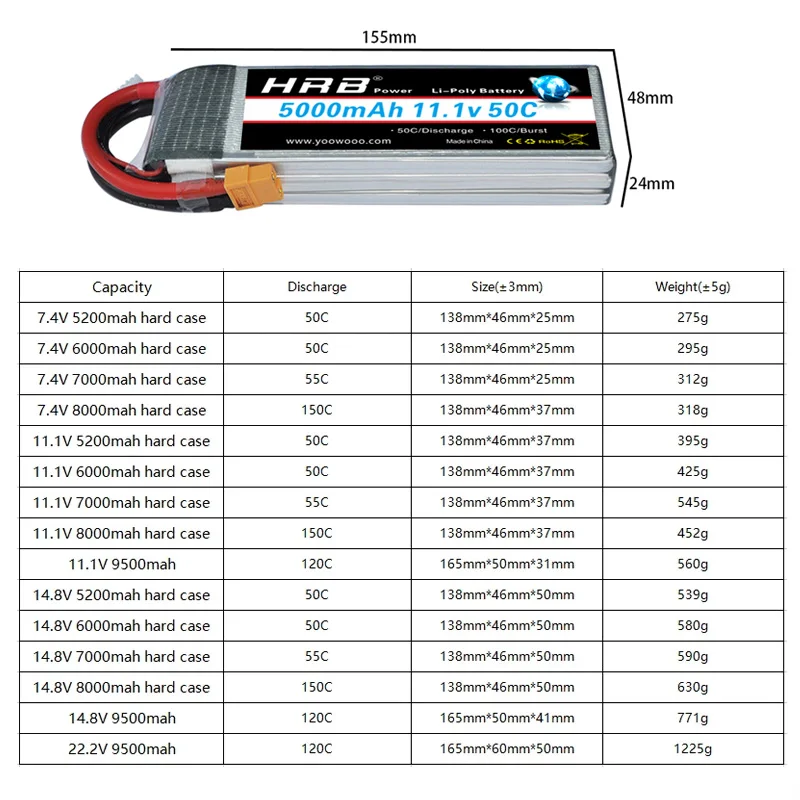 HRB Lipo Battery 3S 11.1V 6000mah 50C RC Parts T Deans Hardcase Car Truck Airplane Boat 1/10