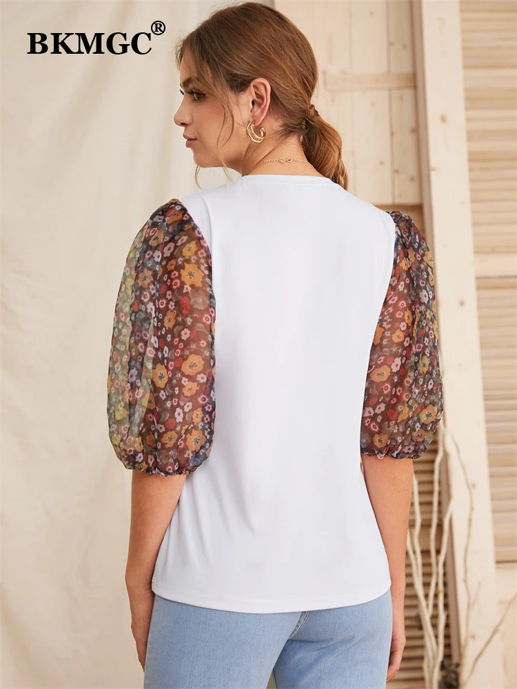 Bkmgc Wit Vrouwen Blouse Slim Fit Half Bladerdeeg See-Through Foral Bloemen Print Chiffon Mouwen O Nek Herfst Trui shirt #5022