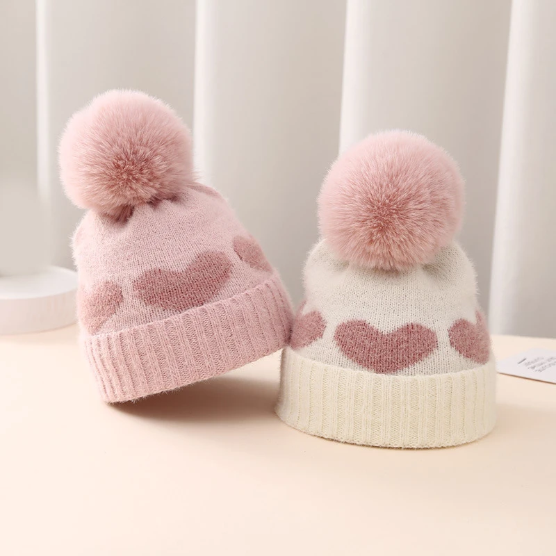 Winter Baby Knitted Hat Cute Heart Jacquard Beanie Cap for Newborn Girls Boys Beanies Autumn Warm Infant Toddler Crochet Hats