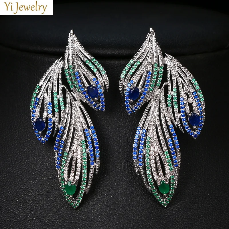 

luxury jewelry large leaf earrings silver color black bronze full zircon blue green stud earrings women evening party wedding