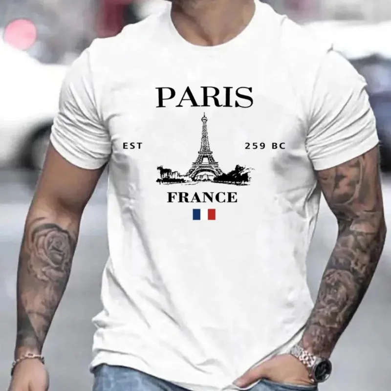 Camiseta de cuello redondo con estampado de París para hombre, de manga corta Camiseta cómoda, estilo atlético, verano y primavera