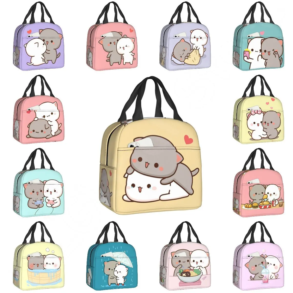 Bolsa de almuerzo con aislamiento de gato Mochi para parejas, fiambrera térmica de melocotón y Goma, bolsas de mano enfriadoras portátiles para