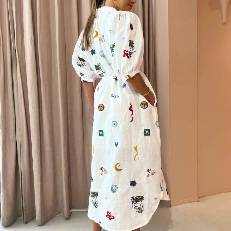 Elegant Casual Lapel Graffiti Print Shirt Dress Women Lace-up Single Breasted Commute Long Dress Fashion A-Line Cardigan Dresses