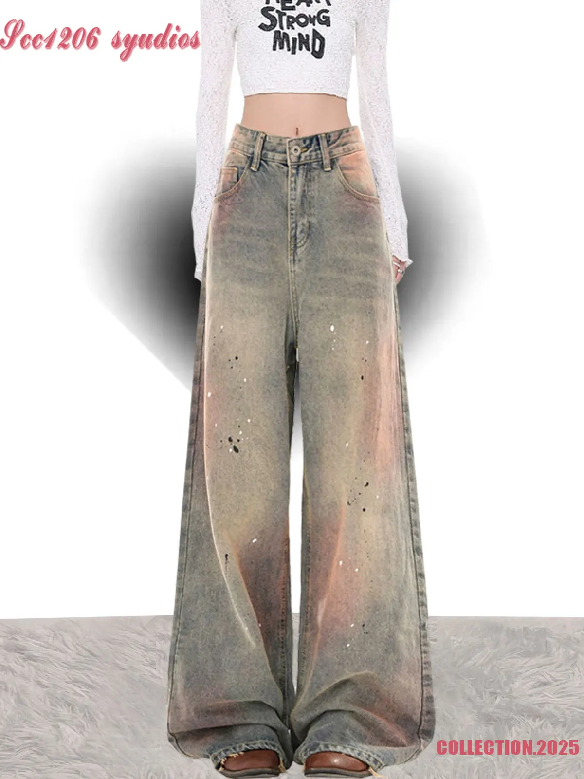 

Retro American Faded adient Denim Jeans Women's Early Spring High Waist Loose Straight Wide Leg Floor-Length Trendy Pants