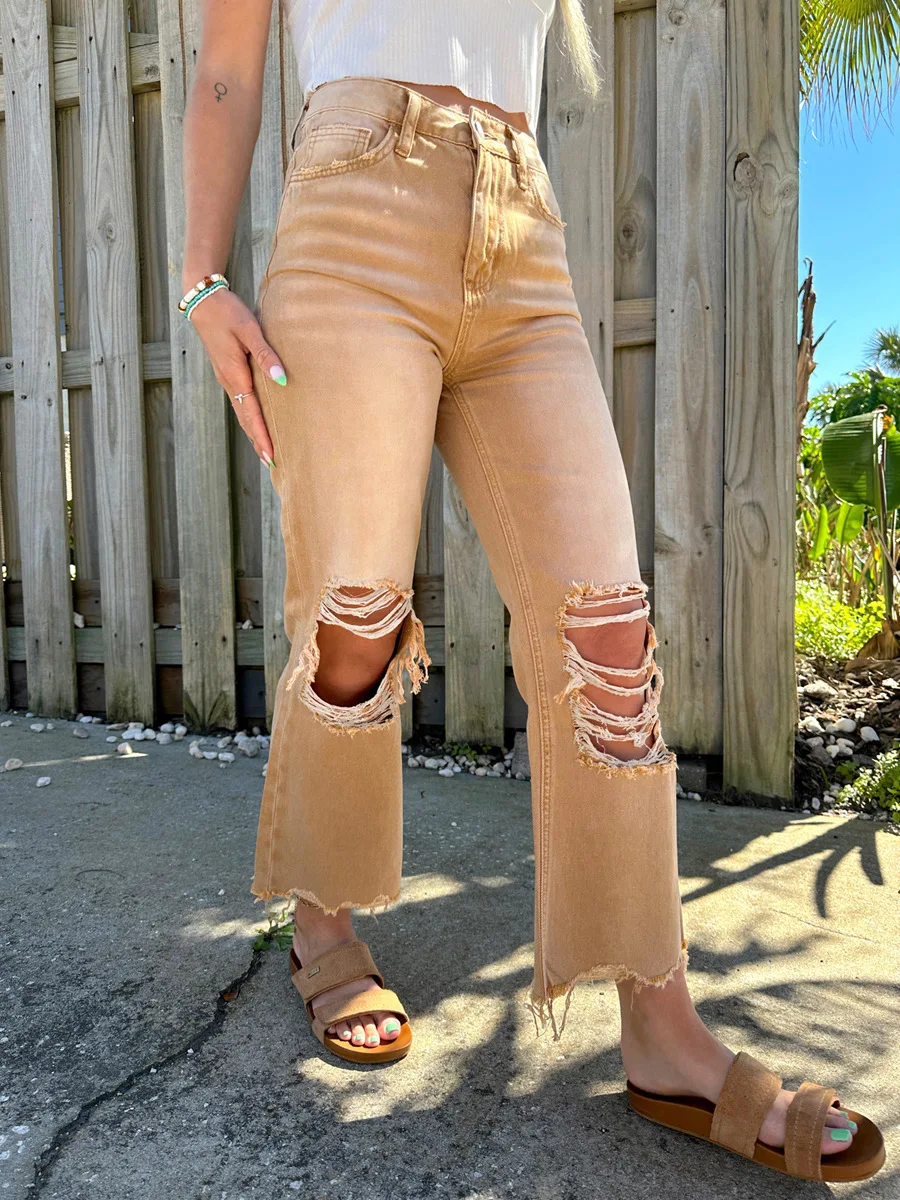 Europe and the United States hot pants ladies ripped high waist elastic personality straight leg loose jeans