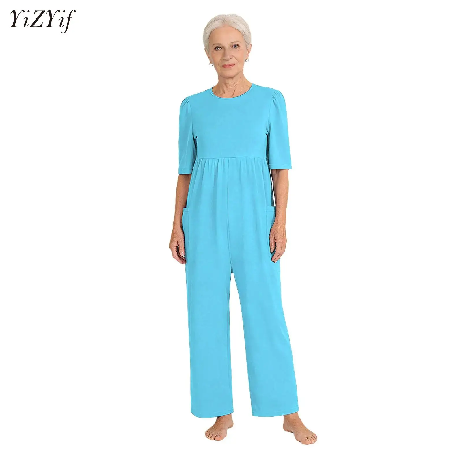 

Elderly Women Anti-Strip Adaptive Jumpsuit Short Sleeve Back Zipper One-piece Rompers for Special Needs and Disabilities