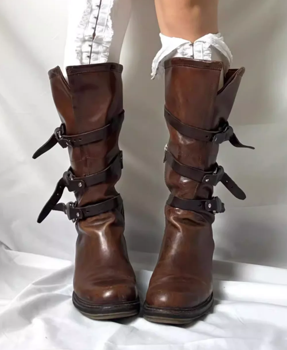 

Punk-Western Style Brown Distressed Leather Mid-Calf Boots Multi-Buckle Strap Detail Chunky Low Heel Retro Cool Daily Boots