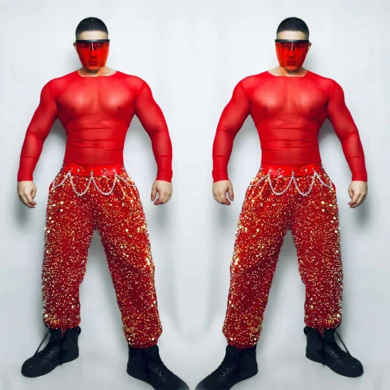 Muscle Man Pole Dance Clothing Sexy Mesh Top Red Sequins Pants For Men Bar Nightclub DS DJ Gogo Costume Stage Rave Outfit XS5641