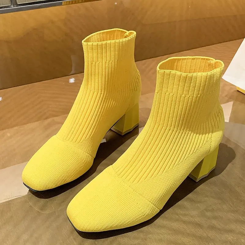 Versatile Yellow Knit Ankle Boots  Women's Square Heel Stretch Sock Boots, Elastic Cotton Comfortable Office Shoes