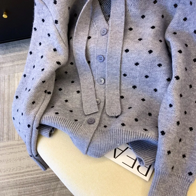 Camisola feminina cinza cardigan dot com decote em v rendas laço topos jumpers 2025 outono manga longa moda senhoras coreanas malhas
