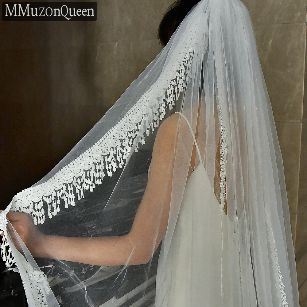 MMQ Luxury Embroidered Lace Edging Bridal Veil Cathedral Wedding Accessory White Soft Tulle Women's Wedding Dress boda M18