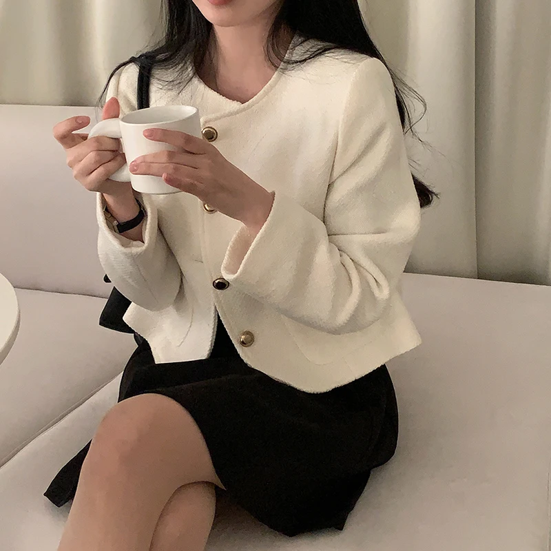 10% Wool Jacket Coat Autumn Winter Women Long Sleeve Single-Breasted Outwear Fashion Elegant Pocket Short Jacket Coat Overcoat