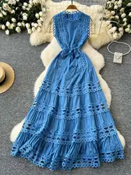 Luxury Elegant Embroidery Long Holiday Dresses Women Summer Sleeveless Hollow Out Belt A Line Evening Party Vestidos